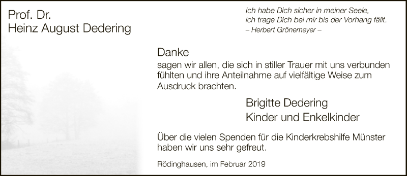  Traueranzeige für Heinz August Dedering vom 16.02.2019 aus Neue Westfälische