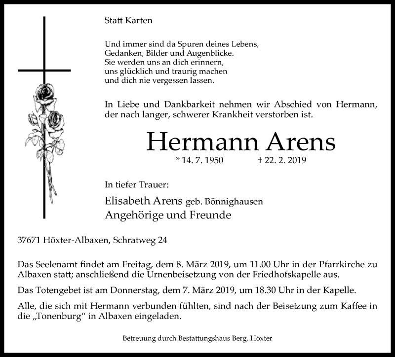  Traueranzeige für Hermann Arens vom 27.02.2019 aus Neue Westfälische