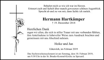 Traueranzeige von Hermann Hartkämper von Neue Westfälische