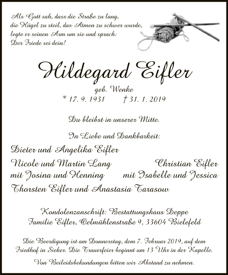  Traueranzeige für Hildegard Eifler vom 02.02.2019 aus Neue Westfälische