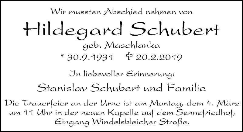  Traueranzeige für Hildegard Schubert vom 23.02.2019 aus Neue Westfälische
