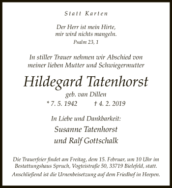 Traueranzeige von Hildegard Tatenhorst von Neue Westfälische