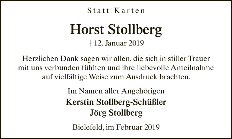  Traueranzeige für Horst Stollberg vom 16.02.2019 aus Neue Westfälische