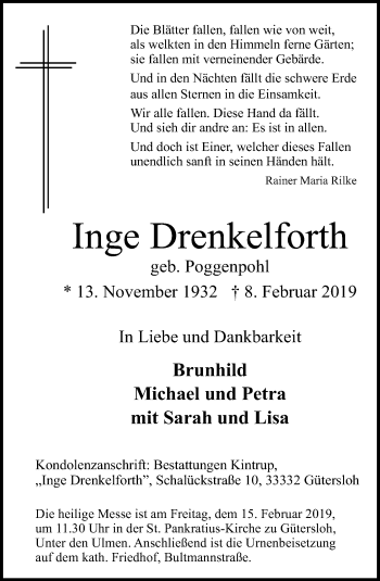 Traueranzeige von Inge Drenkelforth von Neue Westfälische