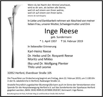 Traueranzeige von Inge Reese von Neue Westfälische