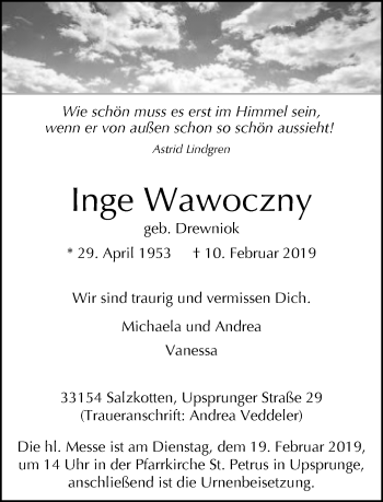 Traueranzeige von Inge Wawoczny von Neue Westfälische