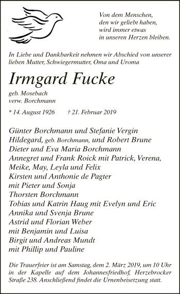 Traueranzeige von Irmgard Fucke von Neue Westfälische