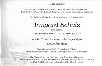 Traueranzeige von Irmgard Schulz von Neue Westfälische