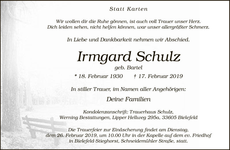 Traueranzeige für Irmgard Schulz vom 20.02.2019 aus Neue Westfälische
