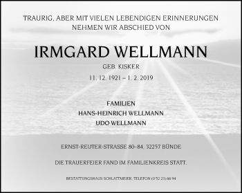 Traueranzeige von Irmgard Wellmann von Neue Westfälische