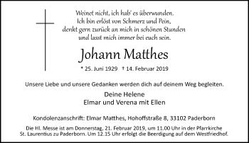 Traueranzeige von Johann Matthes von Neue Westfälische