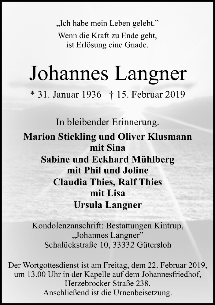  Traueranzeige für Johannes Langner vom 19.02.2019 aus Neue Westfälische