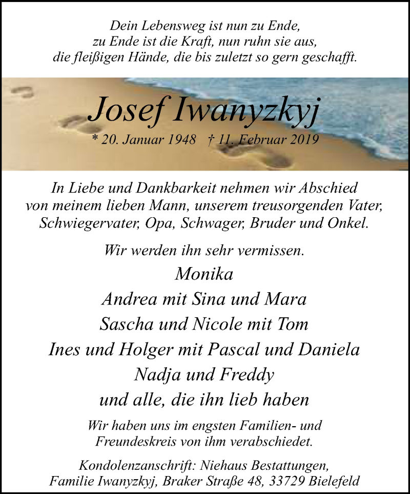  Traueranzeige für Josef Iwanyzkyi vom 23.02.2019 aus Neue Westfälische