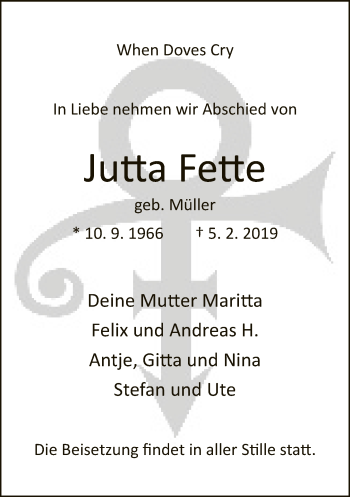 Traueranzeige von Jutta Fette von Neue Westfälische
