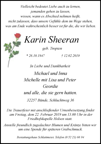 Traueranzeige von Karin Sheeran von Neue Westfälische