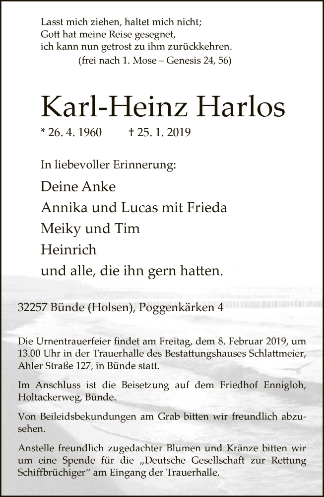  Traueranzeige für Karl-Heinz Harlos vom 02.02.2019 aus Neue Westfälische
