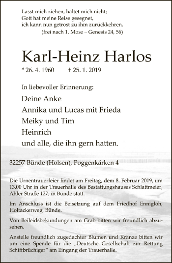 Traueranzeige von Karl-Heinz Harlos von Neue Westfälische