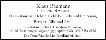 Traueranzeige von Klaus Baumann von Neue Westfälische
