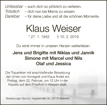 Traueranzeige von Klaus Weiser von Neue Westfälische
