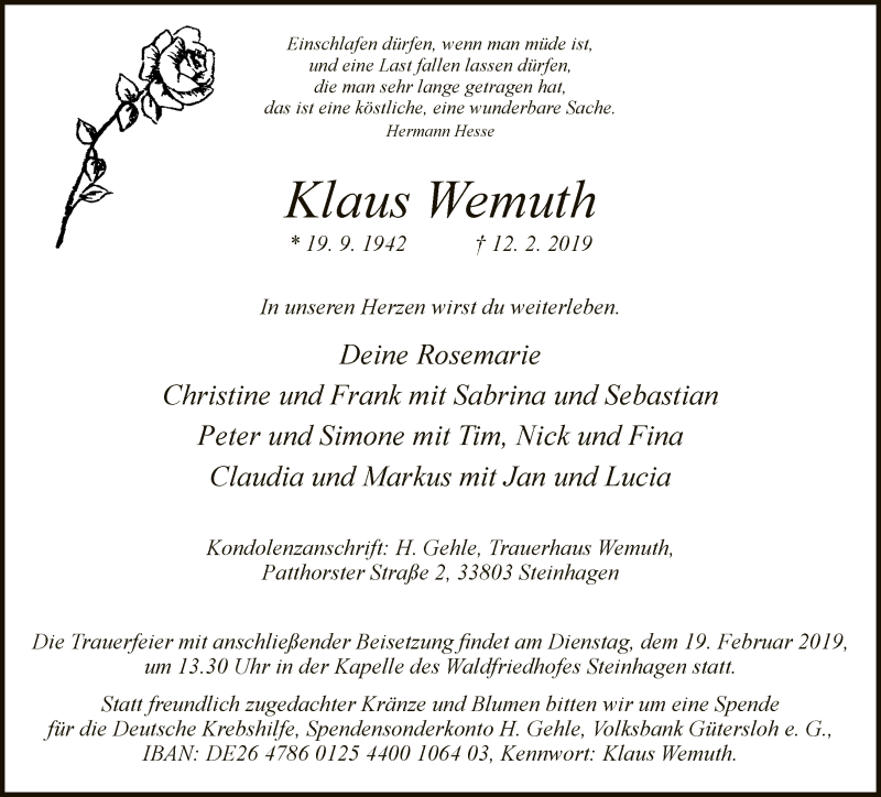  Traueranzeige für Klaus Wemuth vom 14.02.2019 aus Neue Westfälische