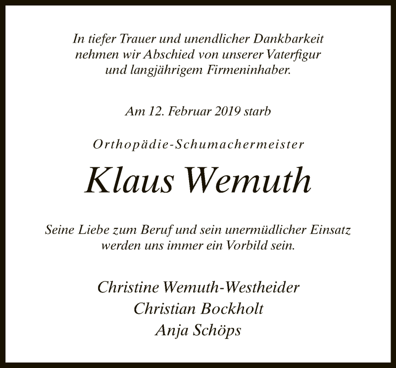  Traueranzeige für Klaus Wemuth vom 14.02.2019 aus Neue Westfälische