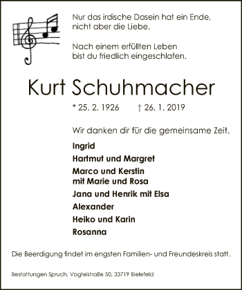 Traueranzeige von Kurt Schuhmacher von Neue Westfälische