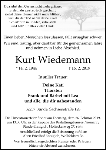 Traueranzeige von Kurt Wiedemann von Neue Westfälische