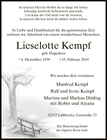 Traueranzeige von Lieselotte Kempf von Neue Westfälische