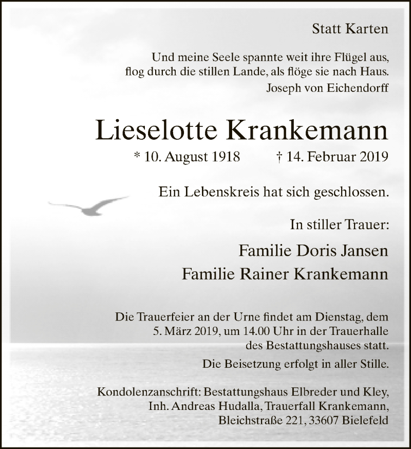  Traueranzeige für Lieselotte Krankemann vom 16.02.2019 aus Neue Westfälische