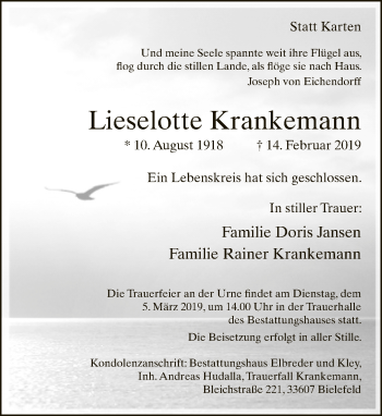 Traueranzeige von Lieselotte Krankemann von Neue Westfälische