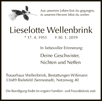 Traueranzeige von Lieselotte Wellenbrink von Neue Westfälische