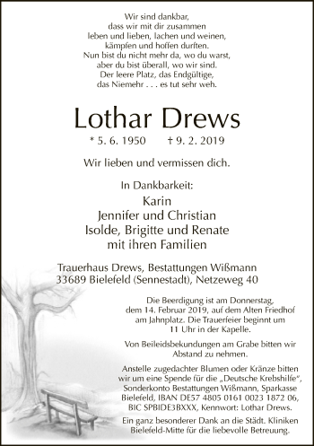Traueranzeige von Lothar Drews von Neue Westfälische