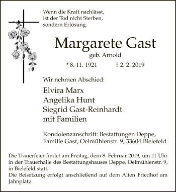 Traueranzeige von Margarete Gast von Neue Westfälische