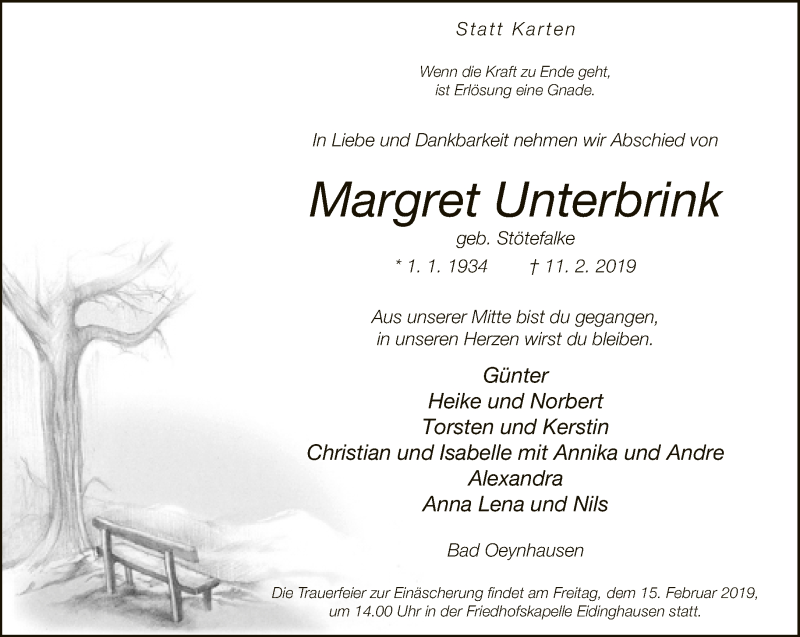  Traueranzeige für Margret Unterbrink vom 13.02.2019 aus Neue Westfälische