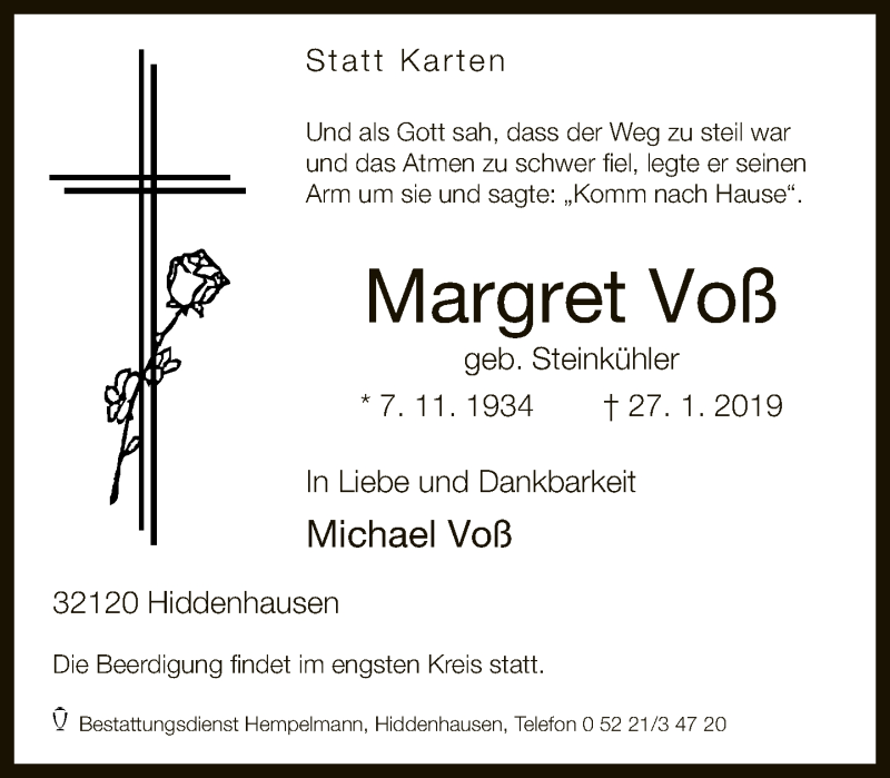  Traueranzeige für Margret Voß vom 02.02.2019 aus Neue Westfälische