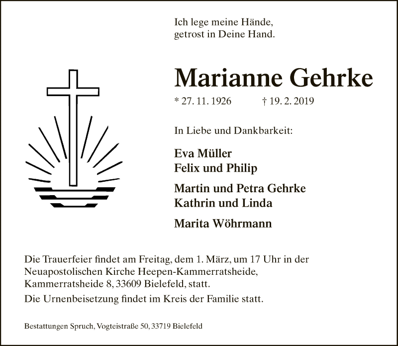  Traueranzeige für Marianne Gehrke vom 23.02.2019 aus Neue Westfälische