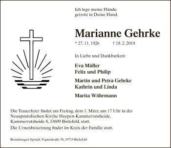 Traueranzeige von Marianne Gehrke von Neue Westfälische