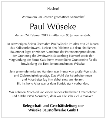 Traueranzeige von Paul Wüseke von Neue Westfälische