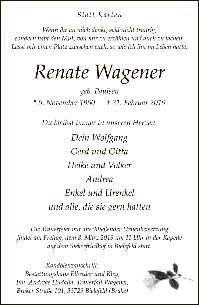  Traueranzeige für Renate Wagener vom 23.02.2019 aus Neue Westfälische