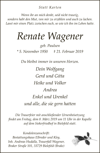 Traueranzeige von Renate Wagener von Neue Westfälische