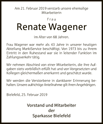 Traueranzeige von Renate Wagener von Neue Westfälische