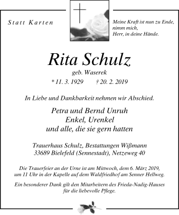 Traueranzeige von Rita Schulz von Neue Westfälische