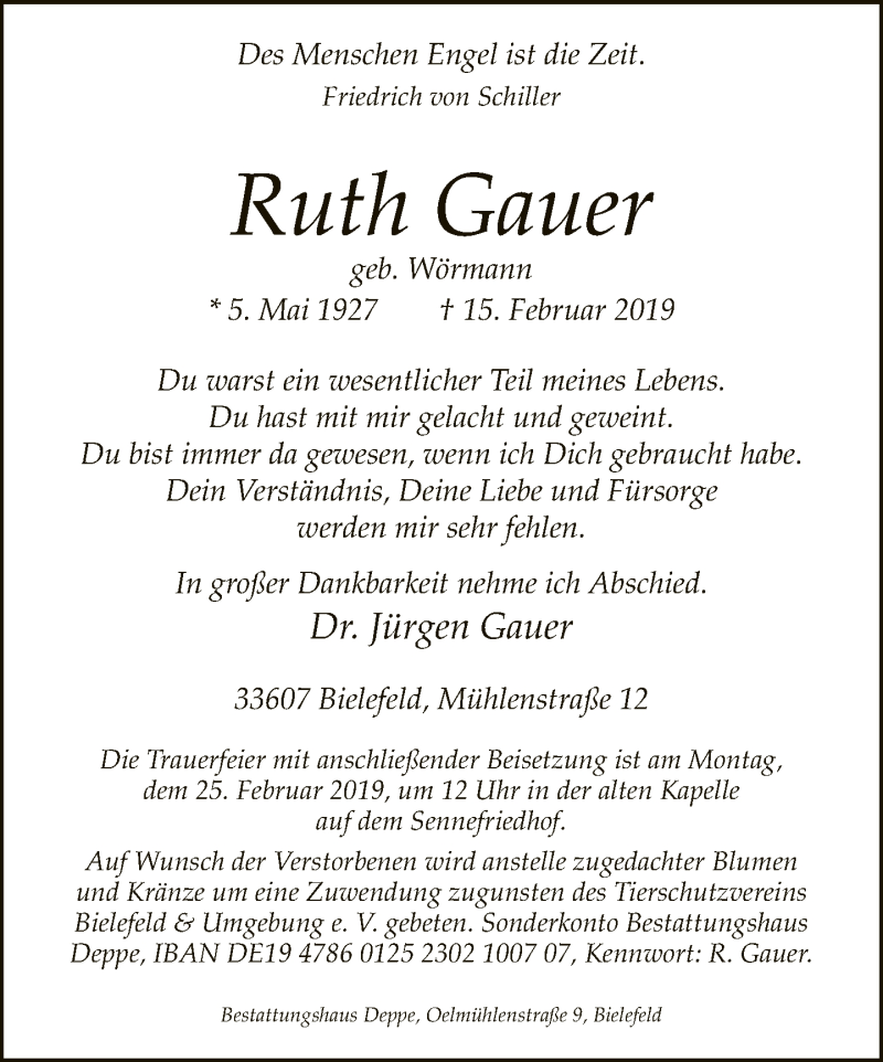 Traueranzeige für Ruth Gauer vom 19.02.2019 aus Neue Westfälische