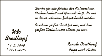 Traueranzeige von Udo Breitkopf von Neue Westfälische