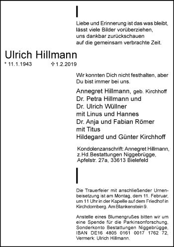 Traueranzeige von Ulrich Hillmann von Neue Westfälische