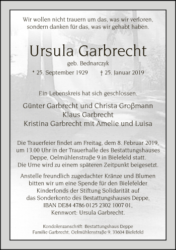 Traueranzeige von Ursula Garbrecht von Neue Westfälische