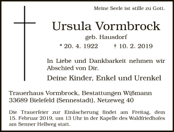 Traueranzeige von Ursula Vormbrock von Neue Westfälische