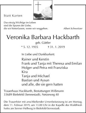 Traueranzeige von Veronika Barbara Hackbarth von Neue Westfälische