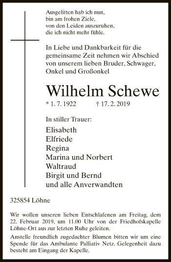Traueranzeige von Wilhelm Schewe von Neue Westfälische