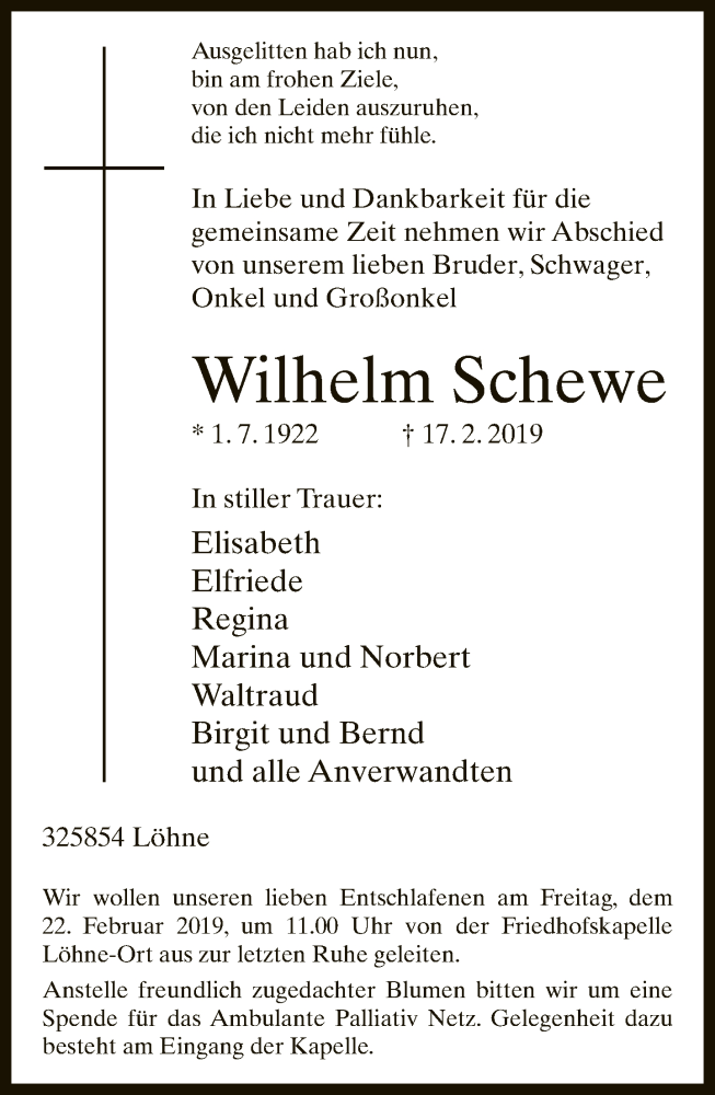  Traueranzeige für Wilhelm Schewe vom 20.02.2019 aus Neue Westfälische